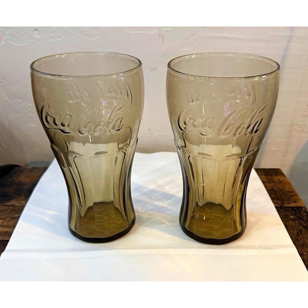 VTG Libbey Coca-Cola Glasses Smoky Amber Brown 16oz Contour Tumblers - Set of 2